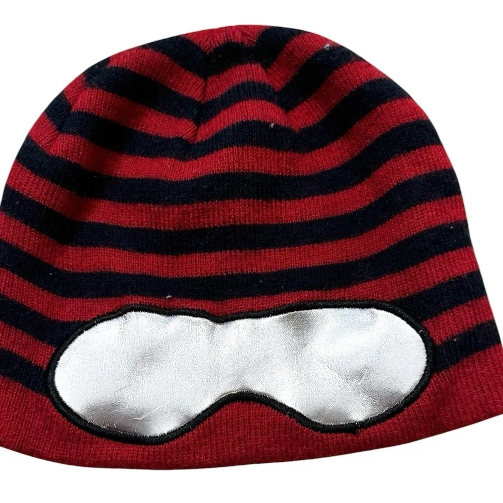 The Children's Place Red and Black Striped Beanie with Silver Goggles Patch